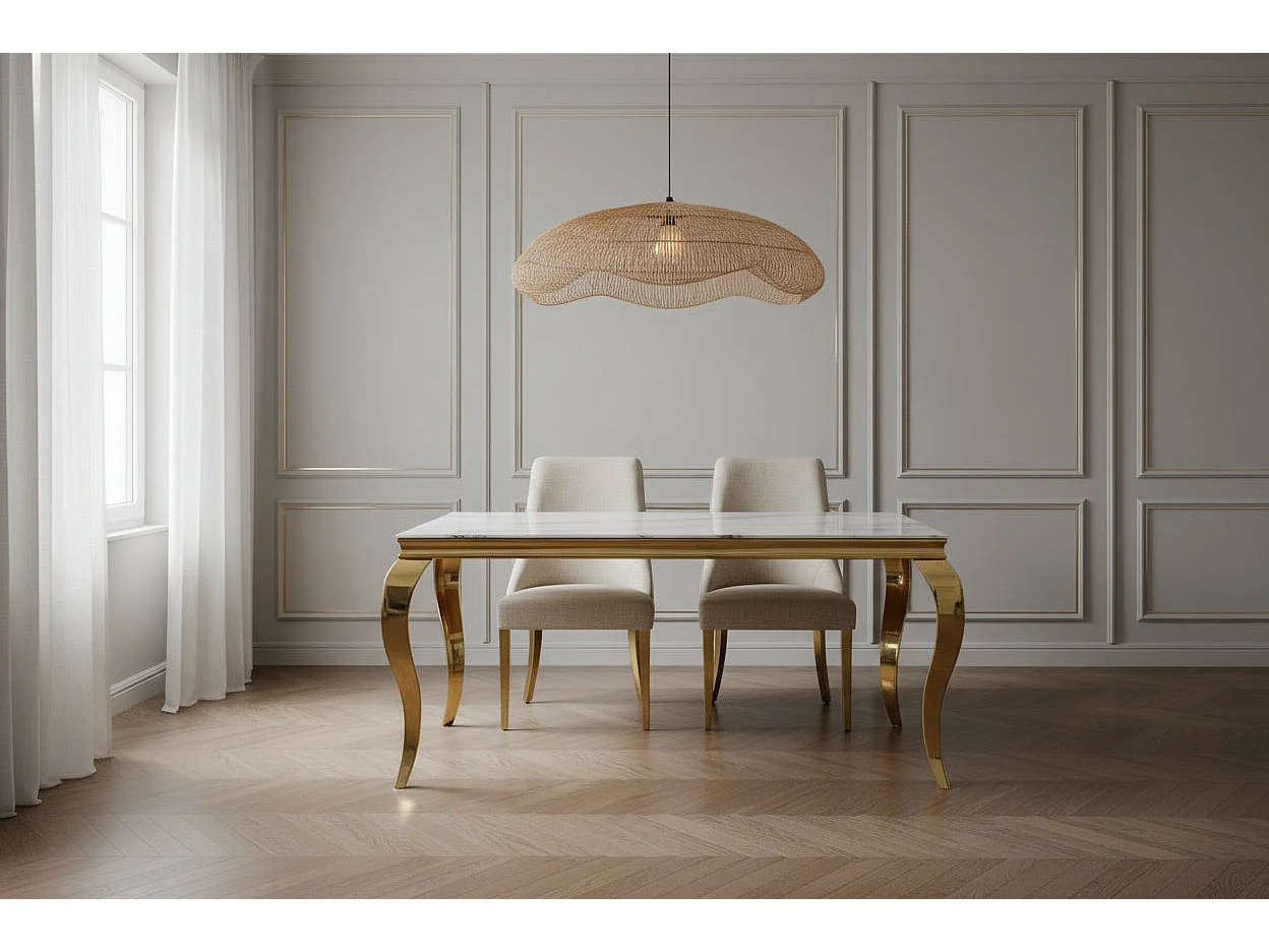 Table à manger BAROQUE 6 à 8 couverts 180x90 cm pieds gold plateau en verre effet marbré blanc
