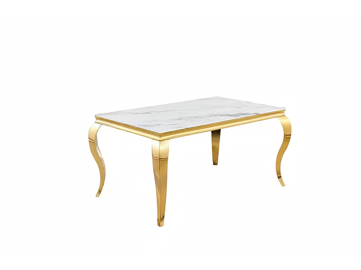 Table à manger BAROQUE 6 à 8 couverts 180x90 cm pieds gold plateau en verre effet marbré blanc