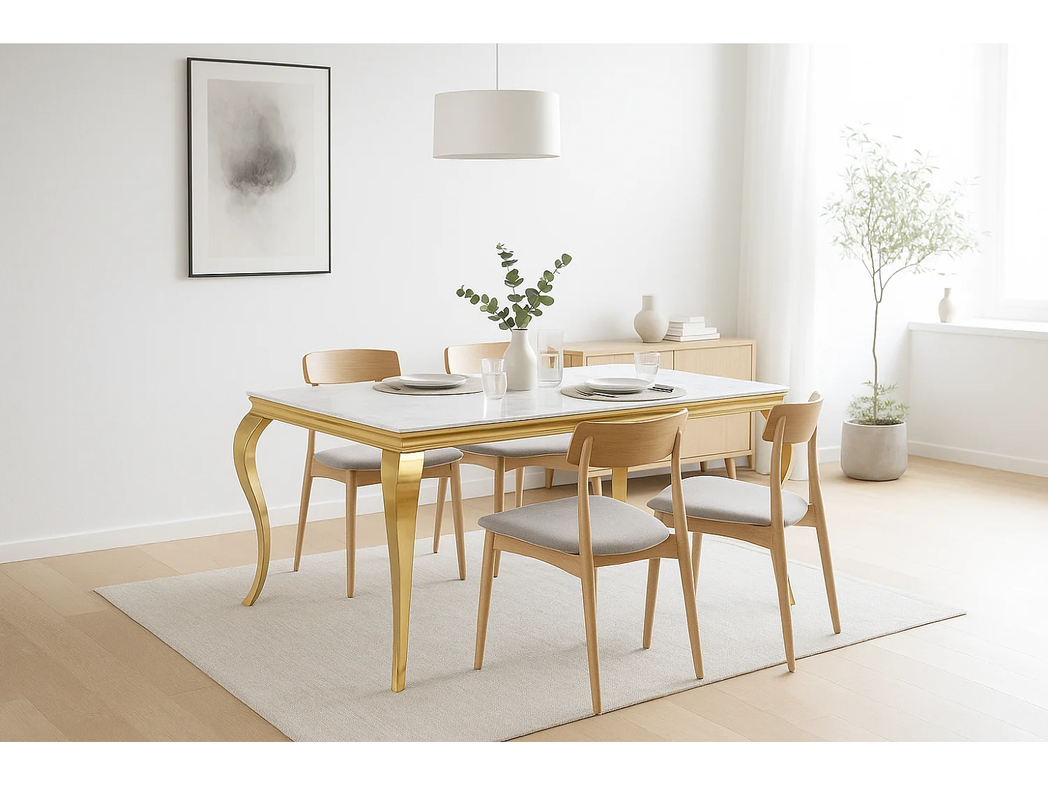 Table à manger BAROQUE 6 à 8 couverts 180x90 cm pieds gold plateau en verre effet marbré blanc