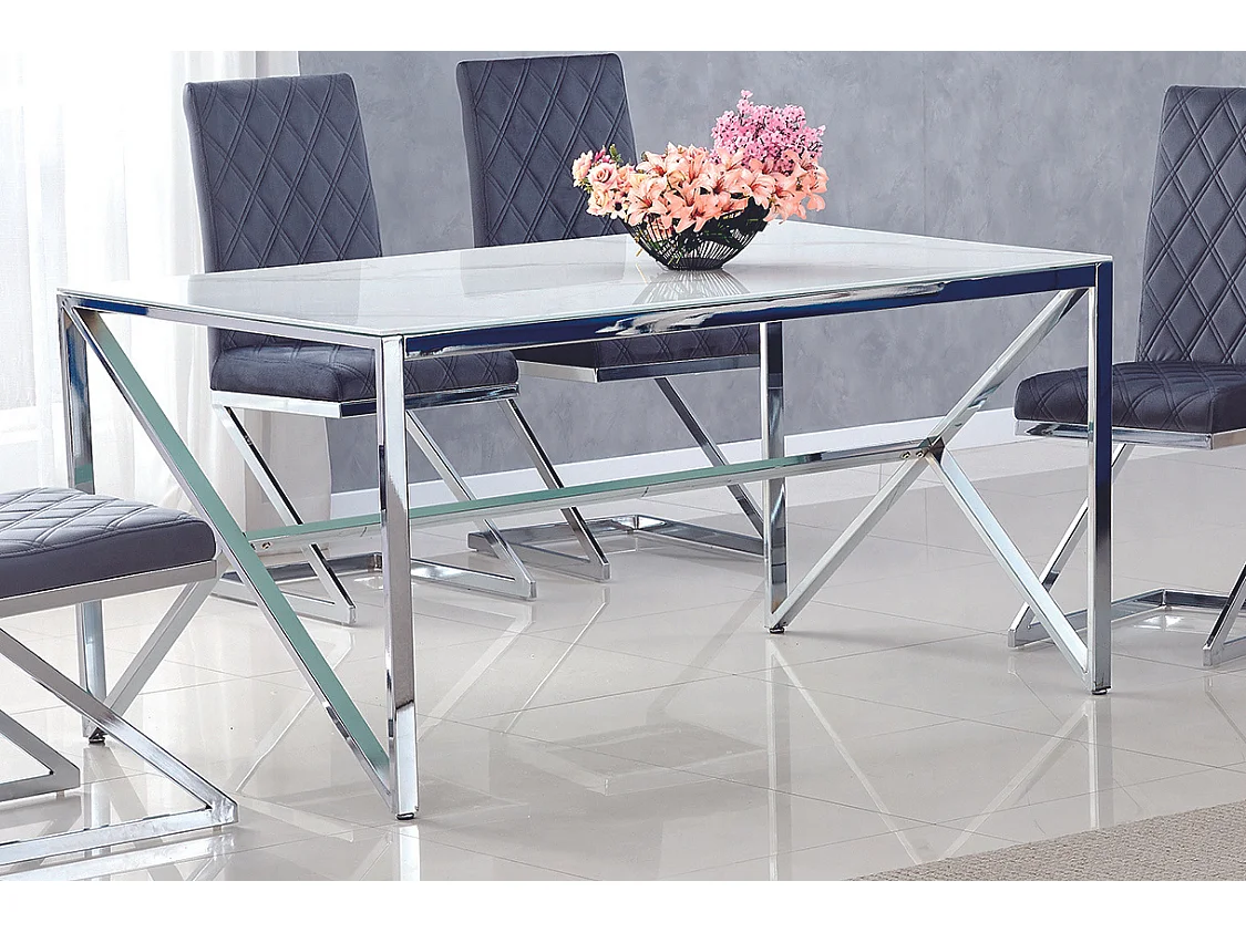 Table à manger MAJESTIQUE Chrome Plateau en verre trempé