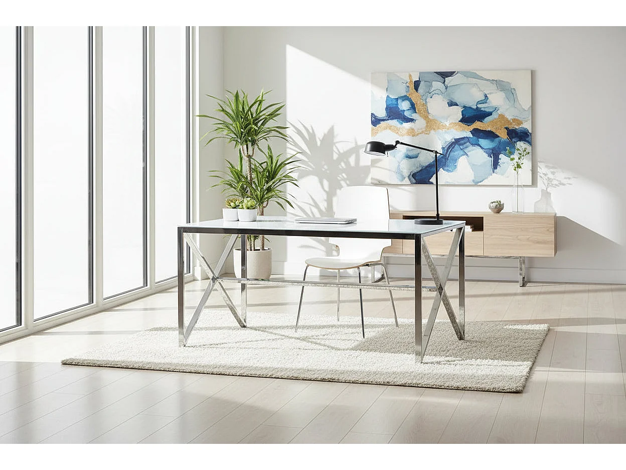 Table à Manger Chrome Verre Trempé Marbré Blanc – 150×90 cm – MAJESTIQUE