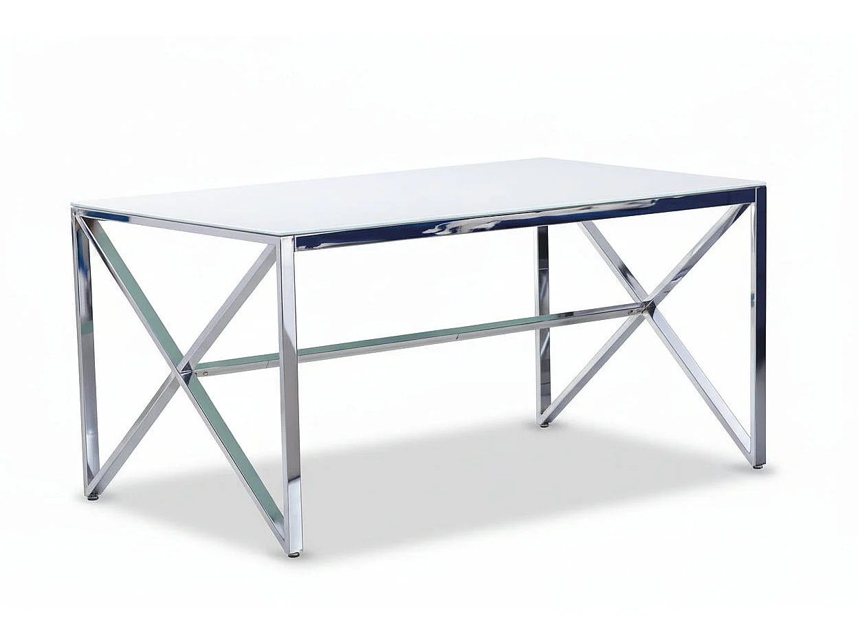 Table à Manger Chrome Verre Trempé Marbré Blanc – 150×90 cm – MAJESTIQUE