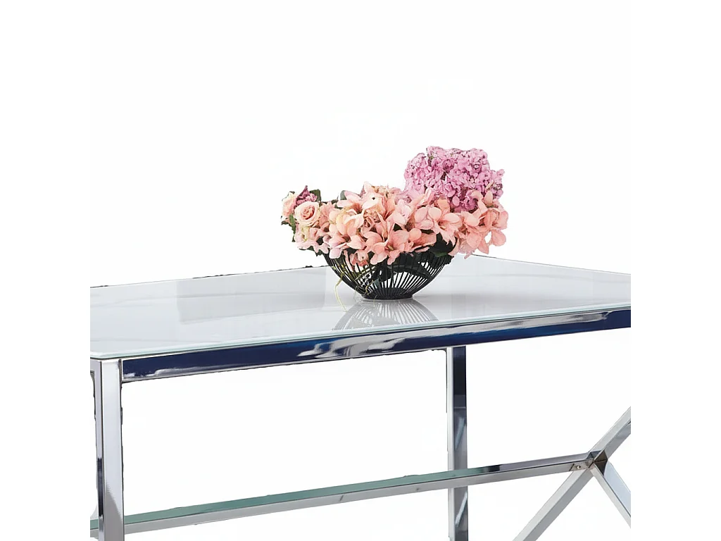 Table à Manger Chrome Verre Trempé Marbré Blanc – 150×90 cm – MAJESTIQUE