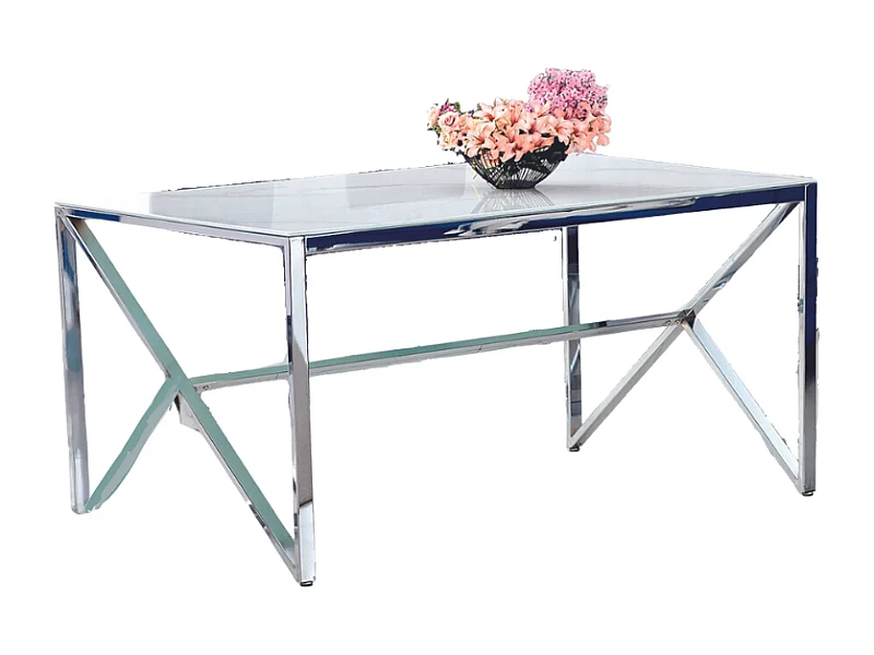 Table à manger MAJESTIQUE Chrome Plateau en verre trempé - Marbré blanc