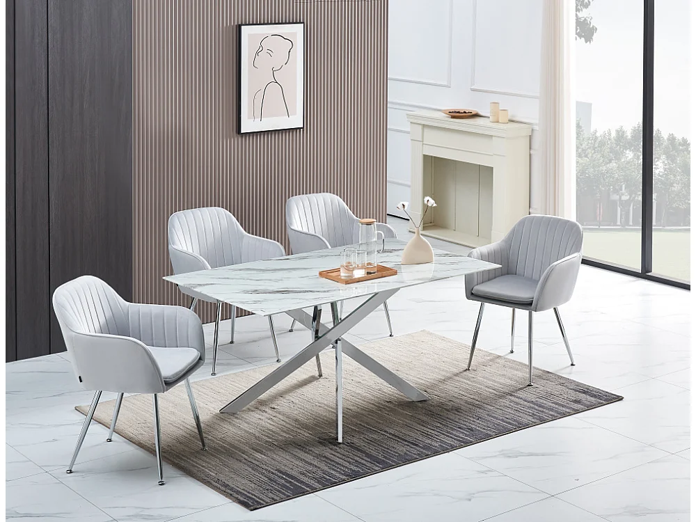 Table Repas JESSICA XXL Chrome et plateau en verre MARBRE BLANC 180 cm 6 à 8 couverts