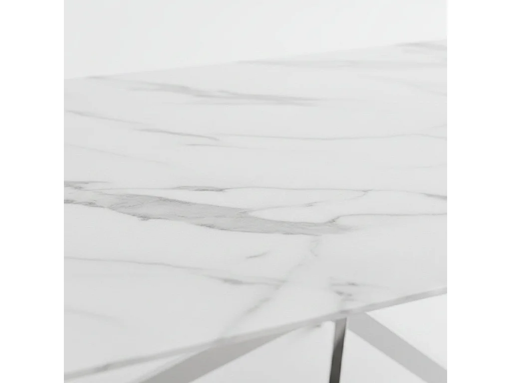 Table Repas JESSICA XXL Chrome et plateau en verre MARBRE BLANC 180 cm 6 à 8 couverts