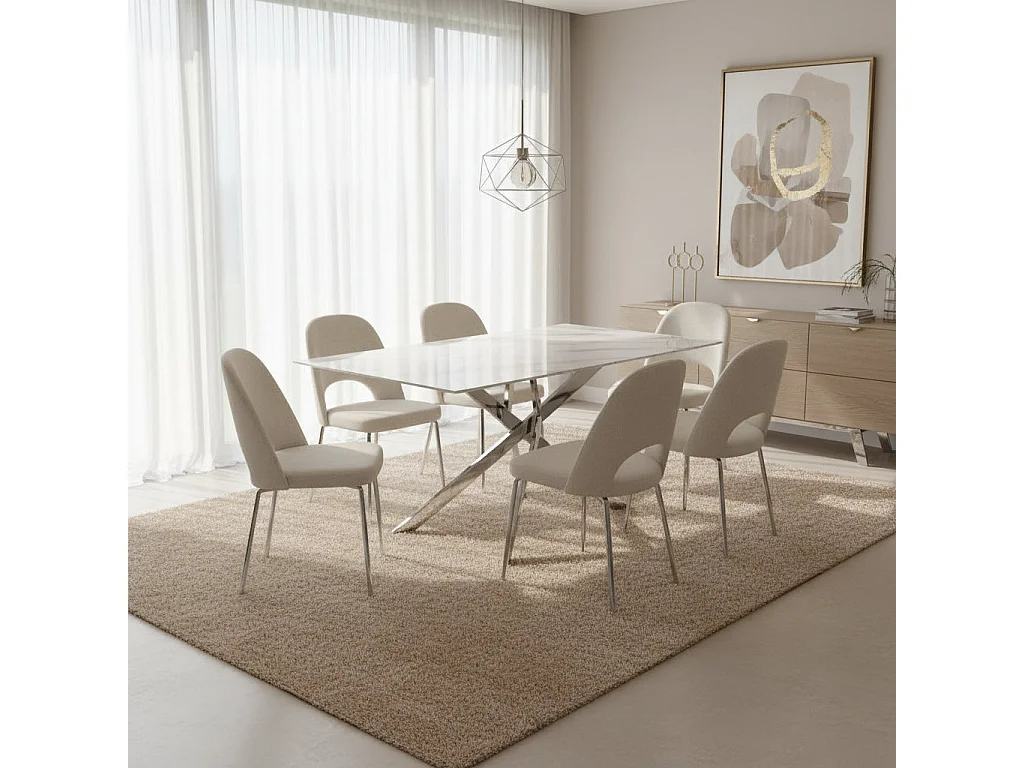 Table Repas JESSICA XXL Chrome et plateau en verre MARBRE BLANC 180 cm 6 à 8 couverts