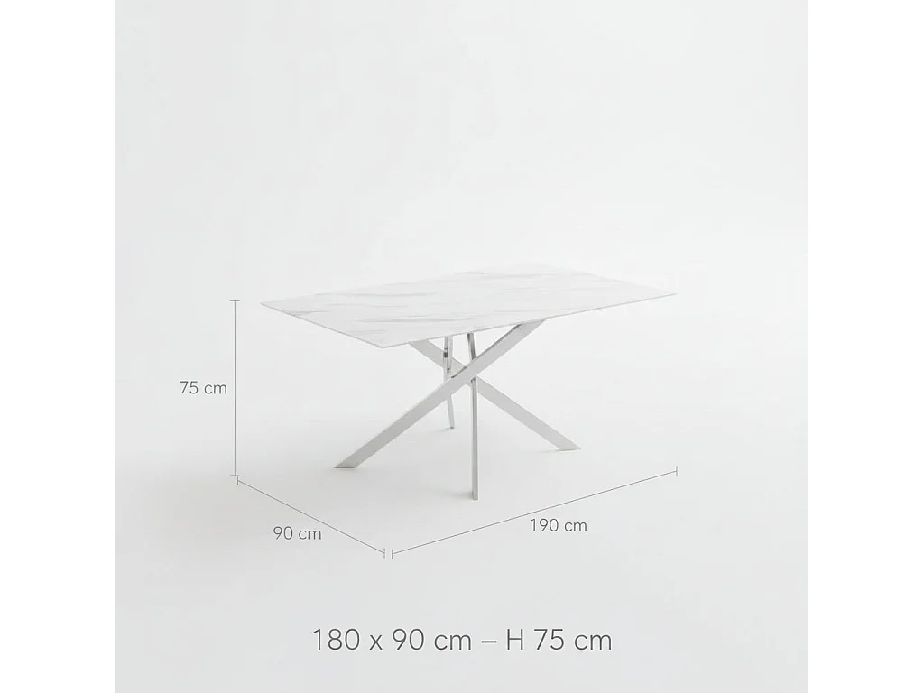 Table Repas JESSICA XXL Chrome et plateau en verre MARBRE BLANC 180 cm 6 à 8 couverts