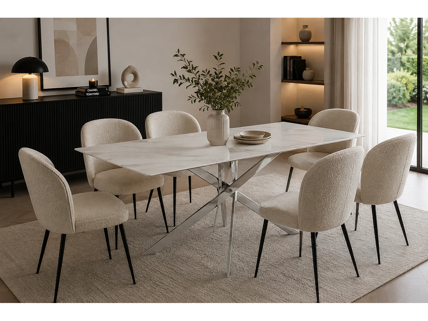 Table Repas JESSICA XXL Chrome et plateau en verre MARBRE BLANC 180 cm 6 à 8 couverts