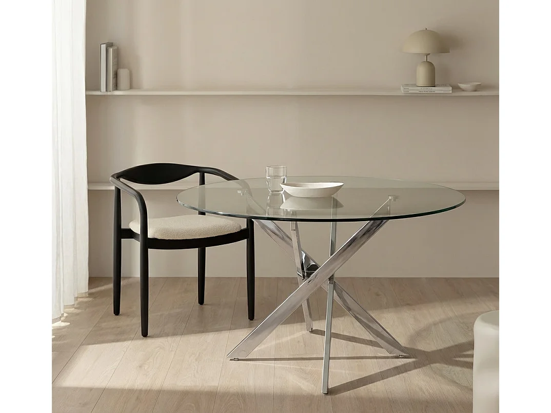 Table a manger ronde TRANSPARENT JESSICA chrome XXL 120 cm 4 couverts