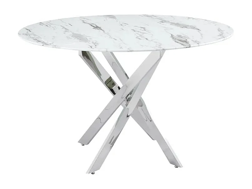 Table a manger ronde JESSICA MARBRE BLANC pieds chrome XXL 120 cm 4 couverts