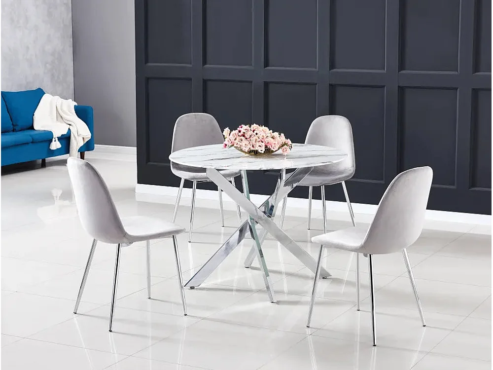 Table a manger ronde JESSICA MARBRE BLANC pieds chrome XXL 120 cm 4 couverts