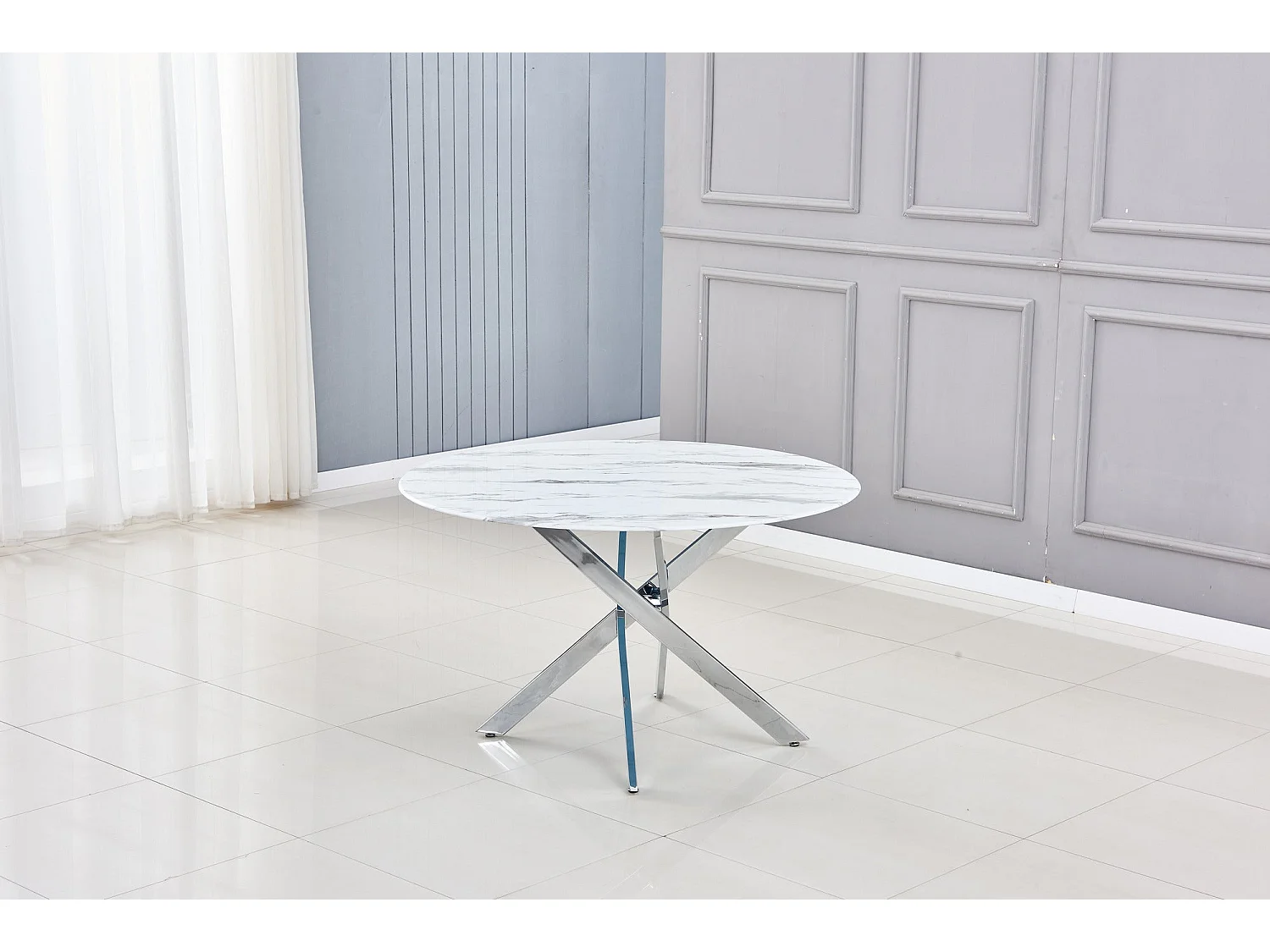 Table a manger ronde JESSICA MARBRE BLANC pieds chrome XXL 120 cm 4 couverts
