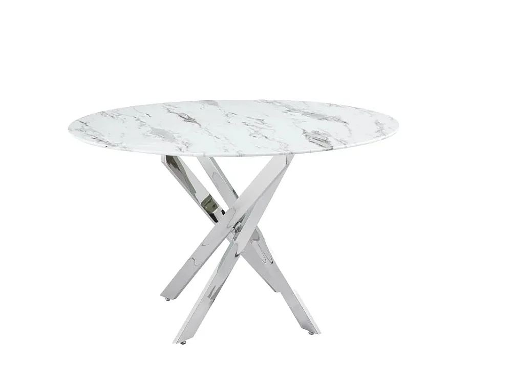 Table à manger ronde JESSICA MARBRE BLANC pieds chrome XXL 120 cm 4 couverts