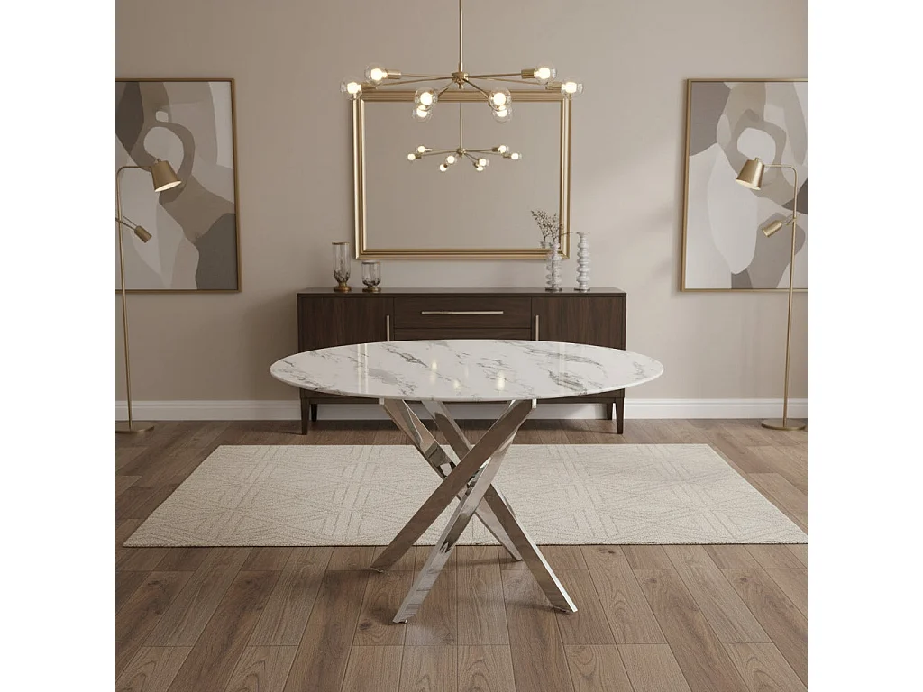 Table à manger ronde JESSICA MARBRE BLANC pieds chrome XXL 120 cm 4 couverts