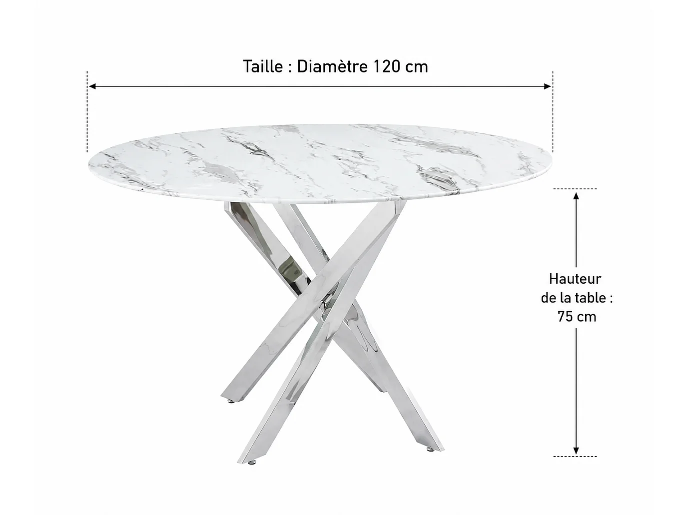 Table à manger ronde JESSICA MARBRE BLANC pieds chrome XXL 120 cm 4 couverts