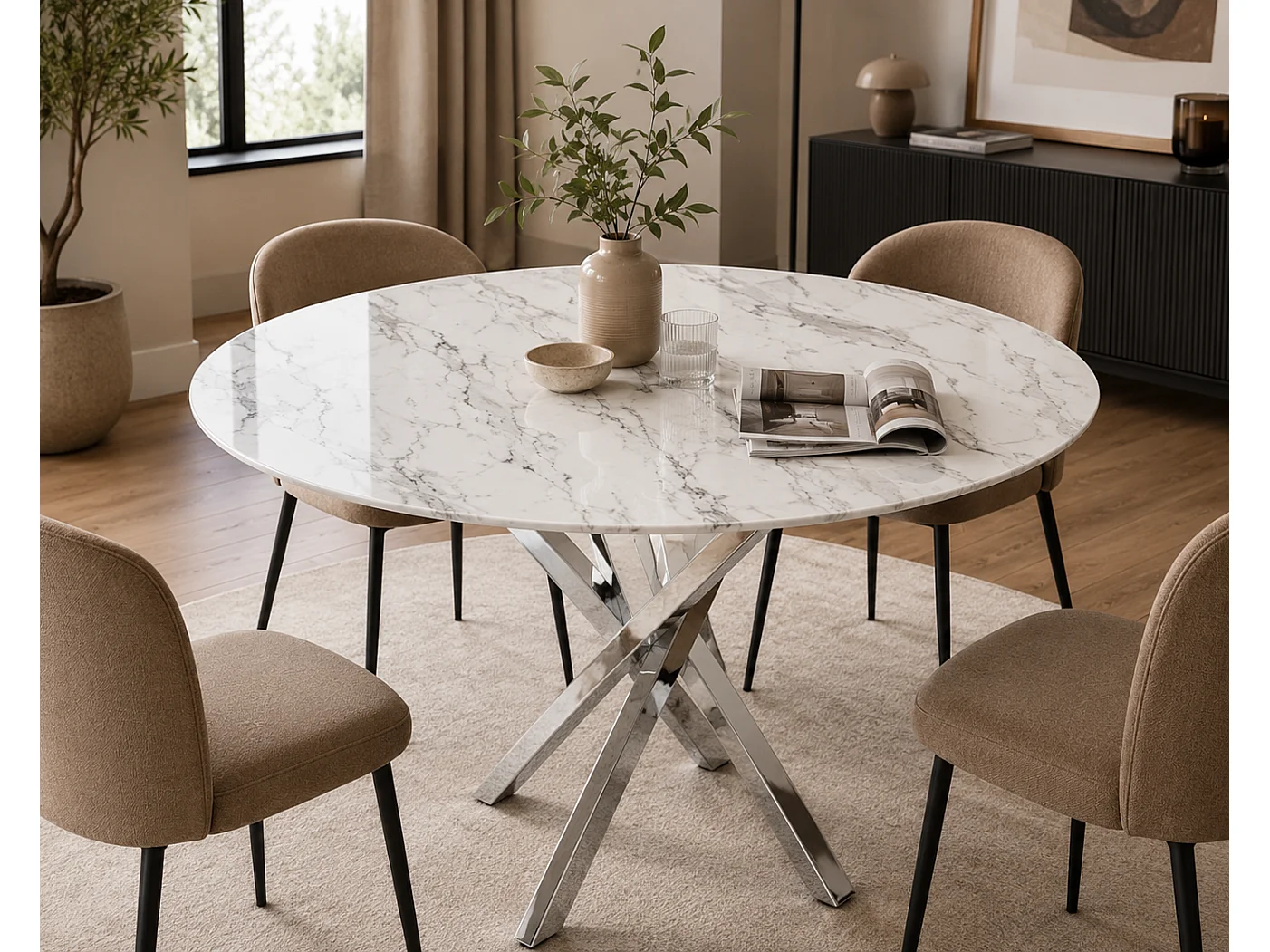 Table à manger ronde JESSICA MARBRE BLANC pieds chrome XXL 120 cm 4 couverts
