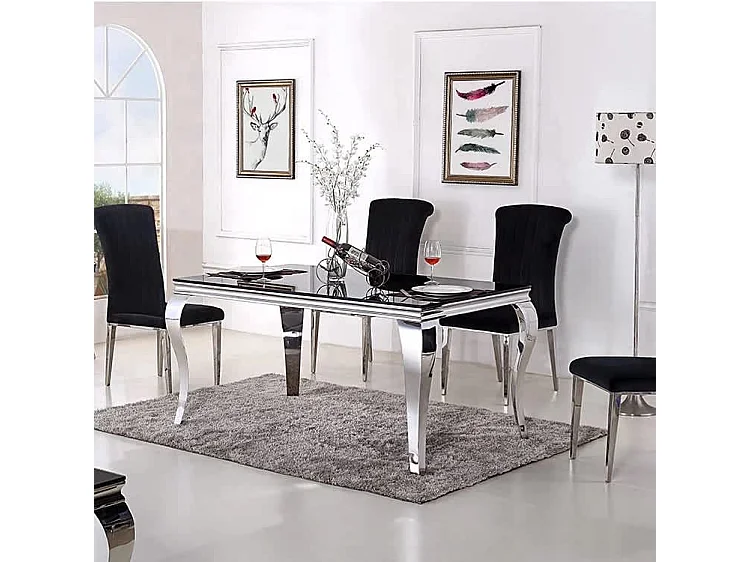 Table à manger BAROQUE 6 à 8 couverts pieds chrome plateau en verre 180x90 cm noir