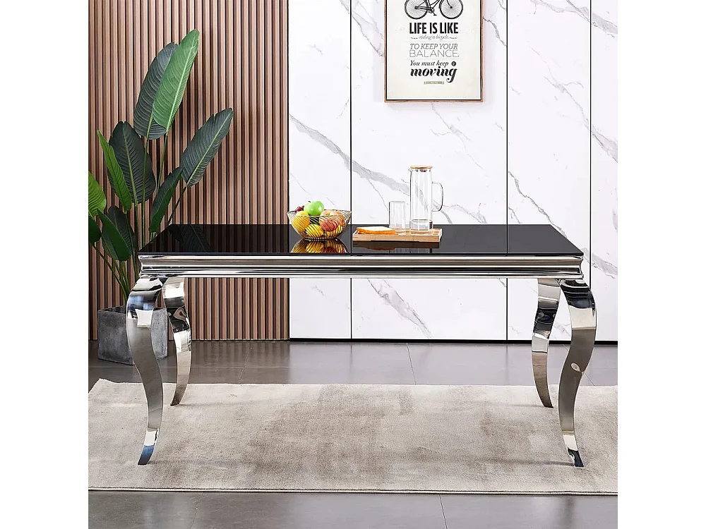 Table à manger BAROQUE 6 à 8 couverts pieds chrome plateau en verre 180x90 cm noir