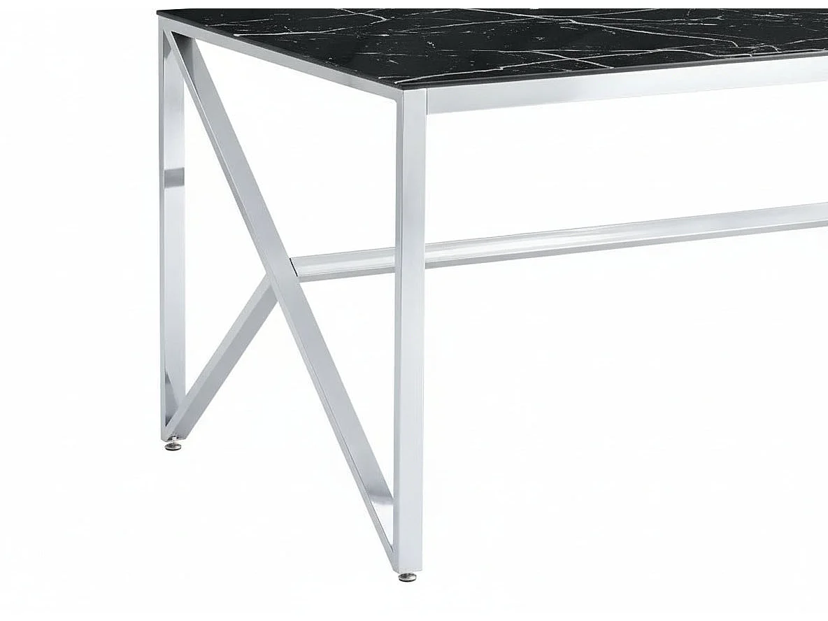 Table à Manger Chrome Verre Trempé Marbré Noir – 150×90 cm – MAJESTIQUE