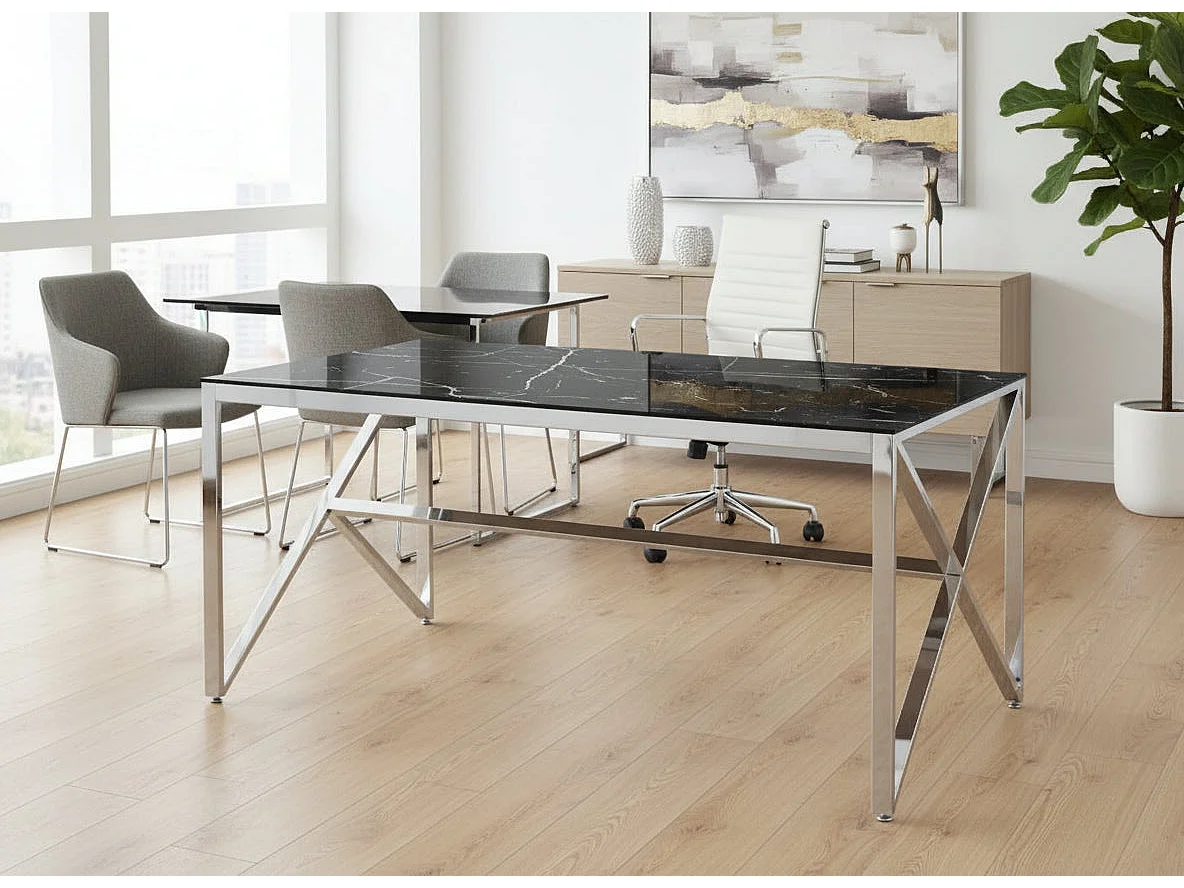 Table à Manger Chrome Verre Trempé Marbré Noir – 150×90 cm – MAJESTIQUE