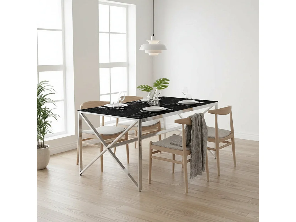 Table à Manger Chrome Verre Trempé Marbré Noir – 150×90 cm – MAJESTIQUE
