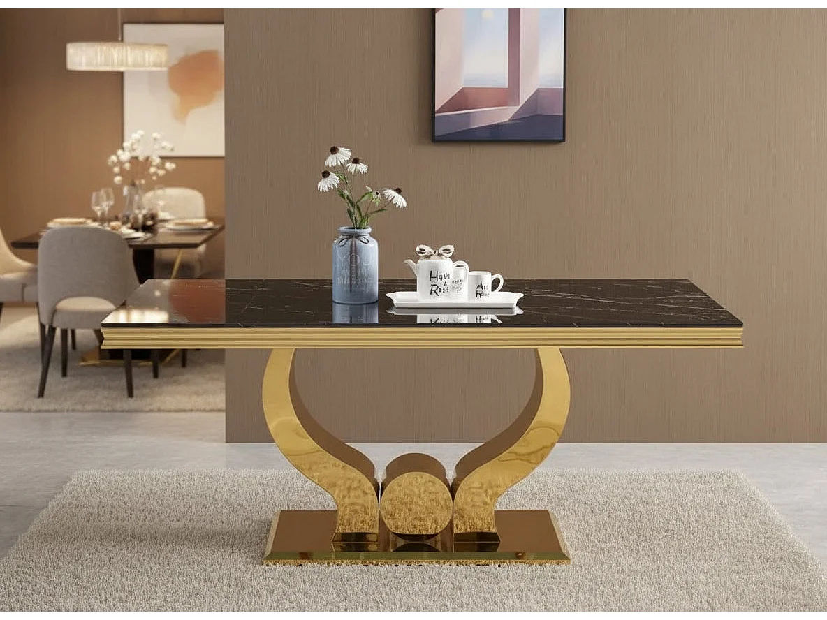 Table à manger TROFY 6 à 8 personnes gold verre MARBRE NOIR 180x90 cm