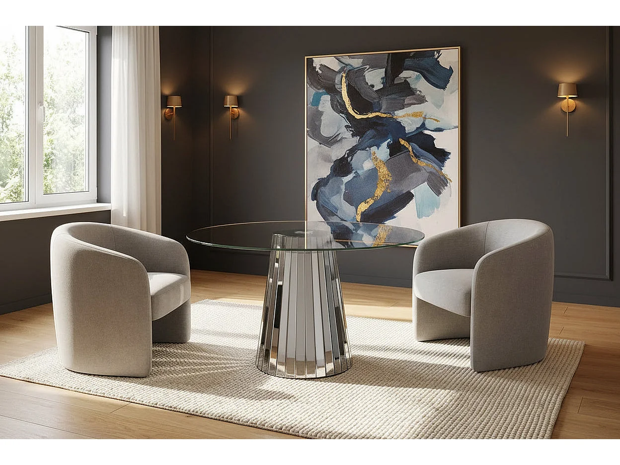 Table ronde DISCO miroir gris plateau transparent
