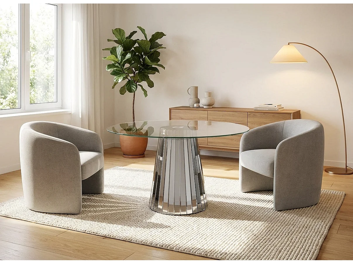 Table ronde DISCO miroir gris plateau transparent