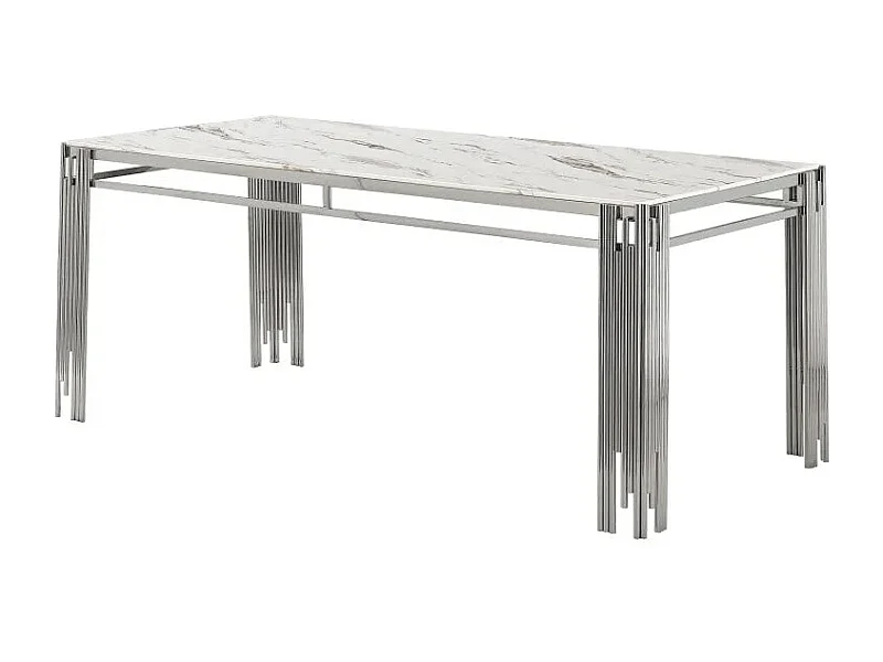 Table à manger XXL FLUTE Chrome Plateau en verre Marbré BLANC 180 cm