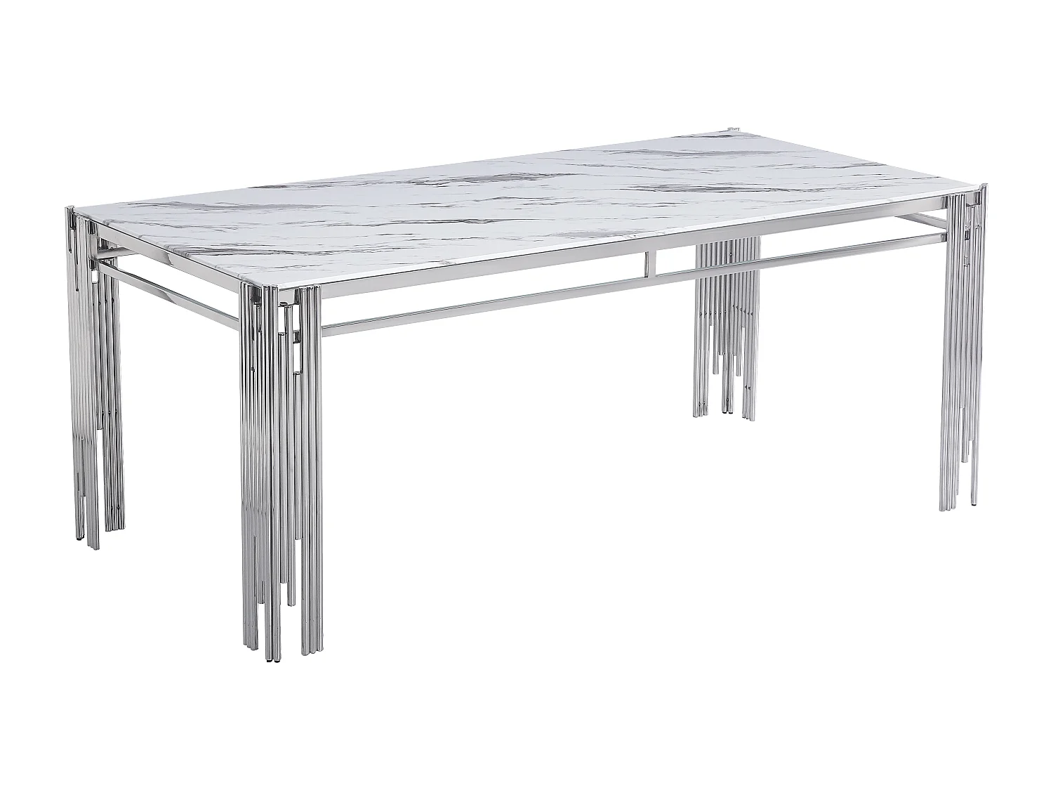 Table à manger XXL FLUTE Chrome Plateau en verre Marbré BLANC 180 cm