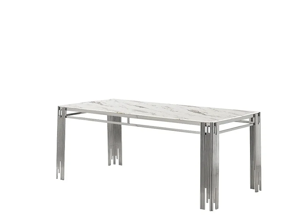 Table à manger XXL FLUTE Chrome Plateau en verre Marbré BLANC 180 cm