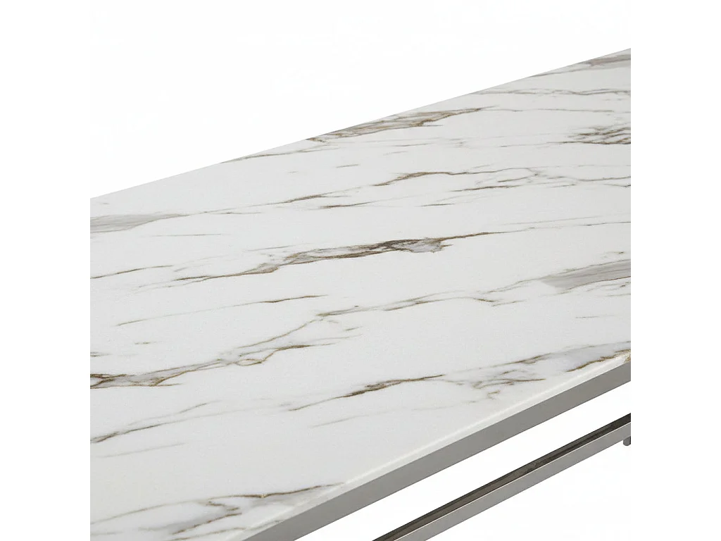 Table à manger XXL FLUTE Chrome Plateau en verre Marbré BLANC 180 cm