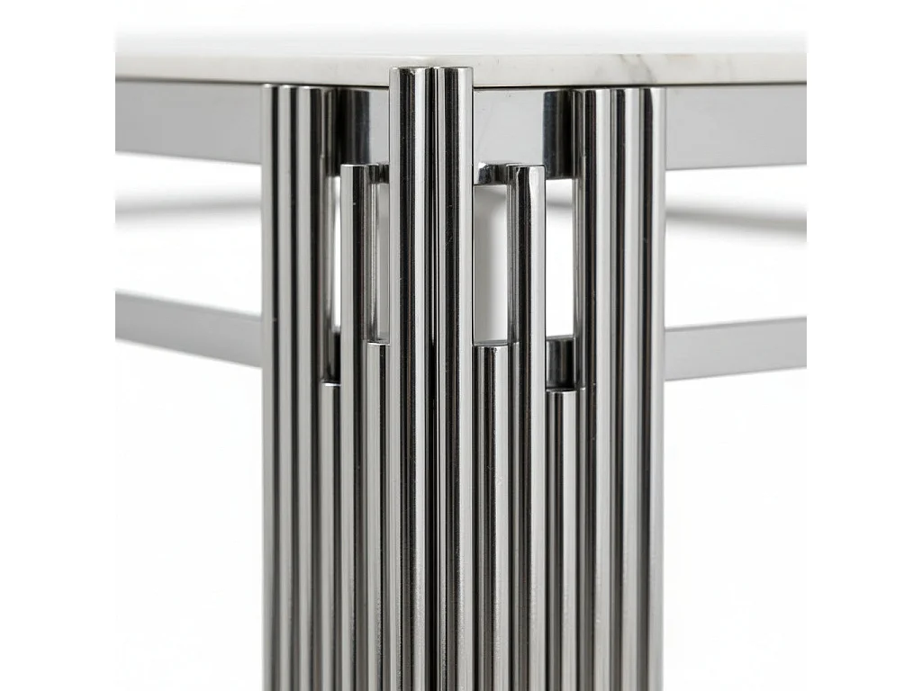 Table à manger XXL FLUTE Chrome Plateau en verre Marbré BLANC 180 cm