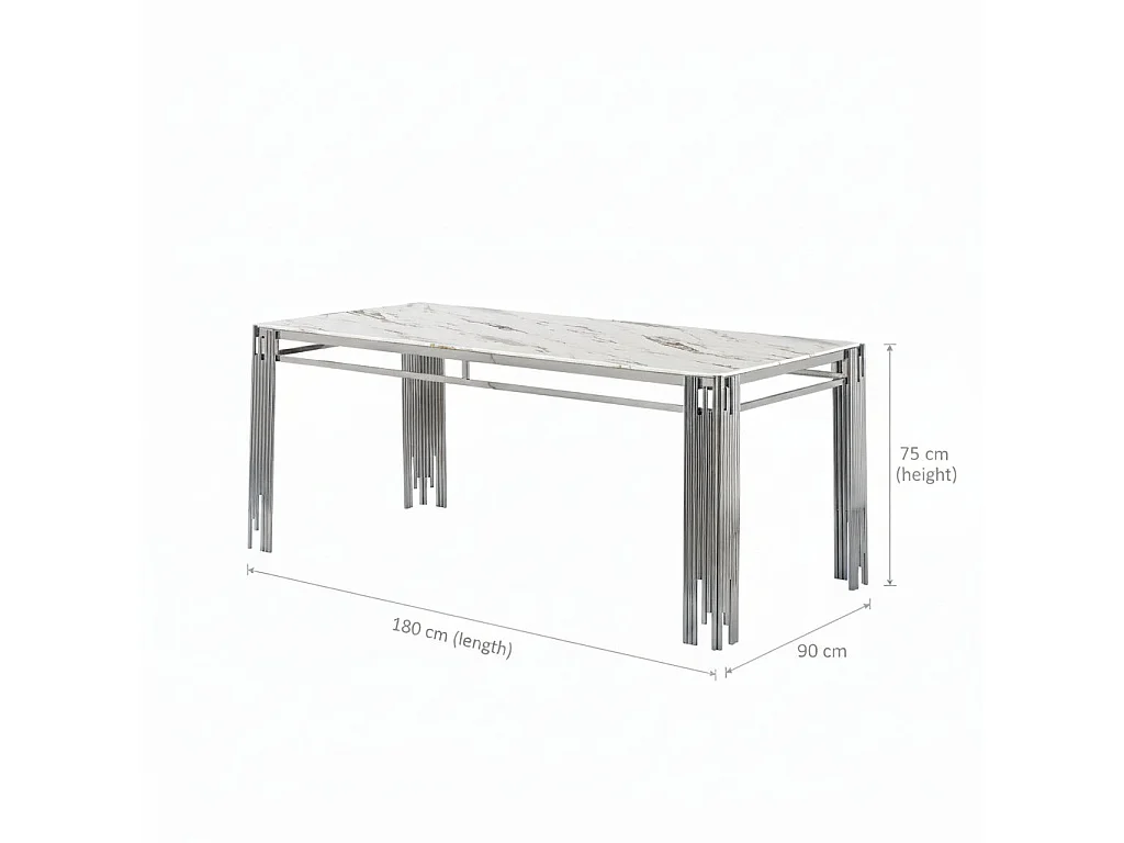 Table à manger XXL FLUTE Chrome Plateau en verre Marbré BLANC 180 cm