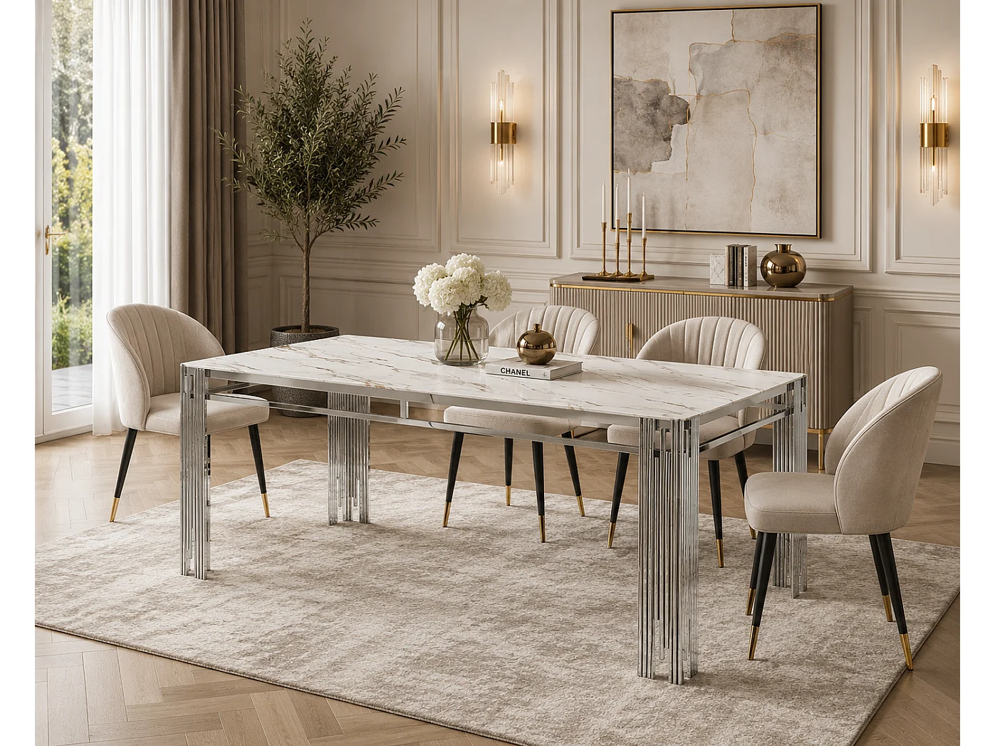 Table à manger XXL FLUTE Chrome Plateau en verre Marbré BLANC 180 cm