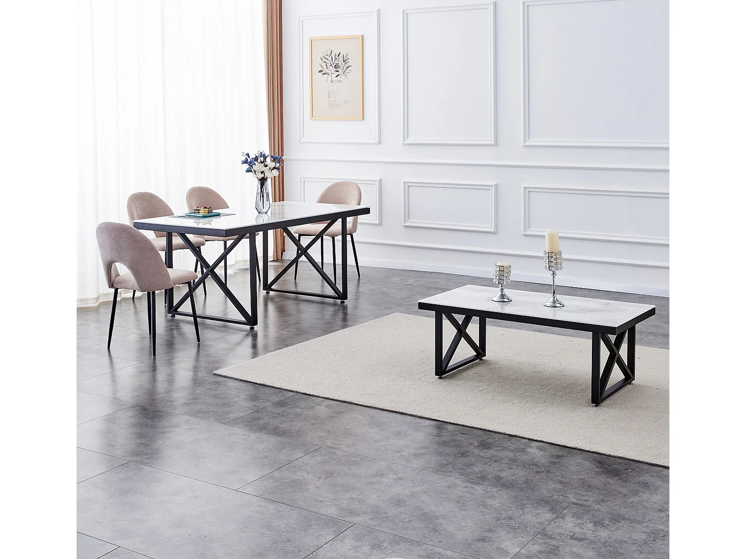 Table repas LEVANTO métal noir plateau en verre trempé