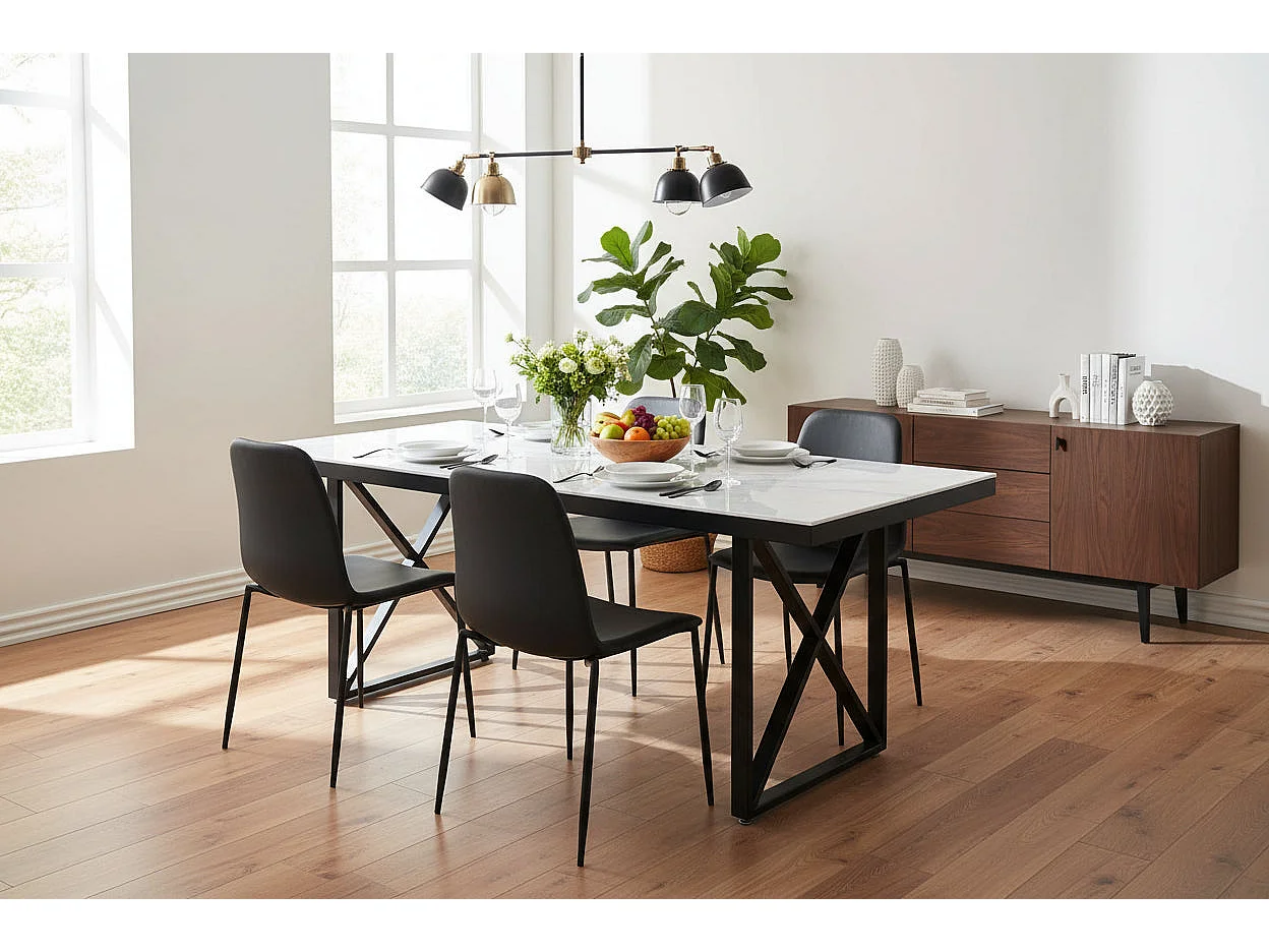 Table à Manger Design Verre Trempé Marbré Blanc & Métal Noir – 180×90 cm