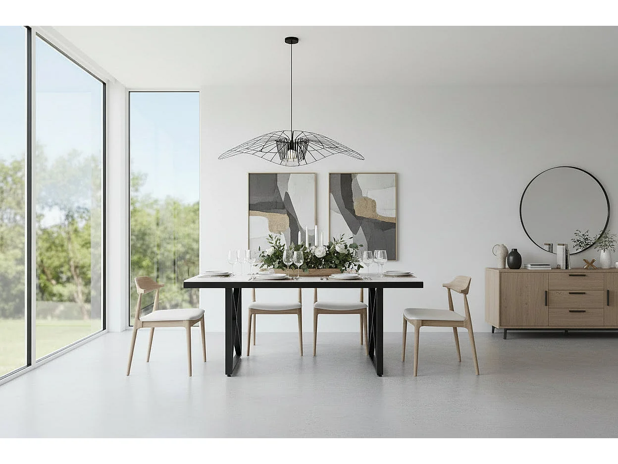 Table à Manger Design Verre Trempé Marbré Blanc & Métal Noir – 180×90 cm