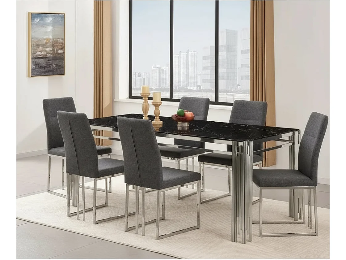Table à Manger Design Verre Trempé Marbré Blanc & Métal Noir – 180×90 cm