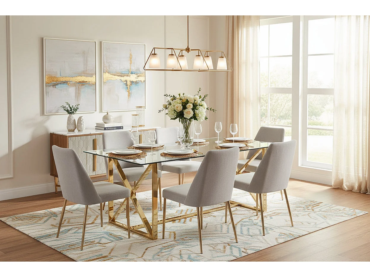 Table à manger verre transparent pied métal doré 180x90 cm KENSY