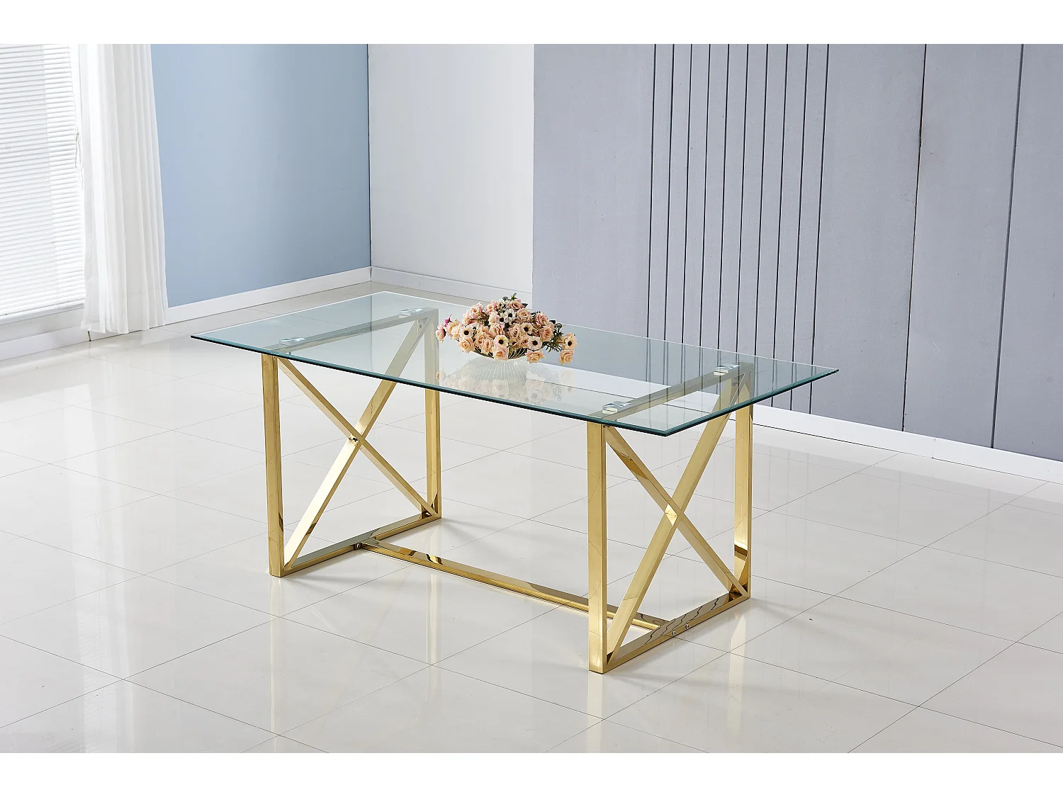 Table à manger verre transparent pied métal doré 180x90 cm KENSY