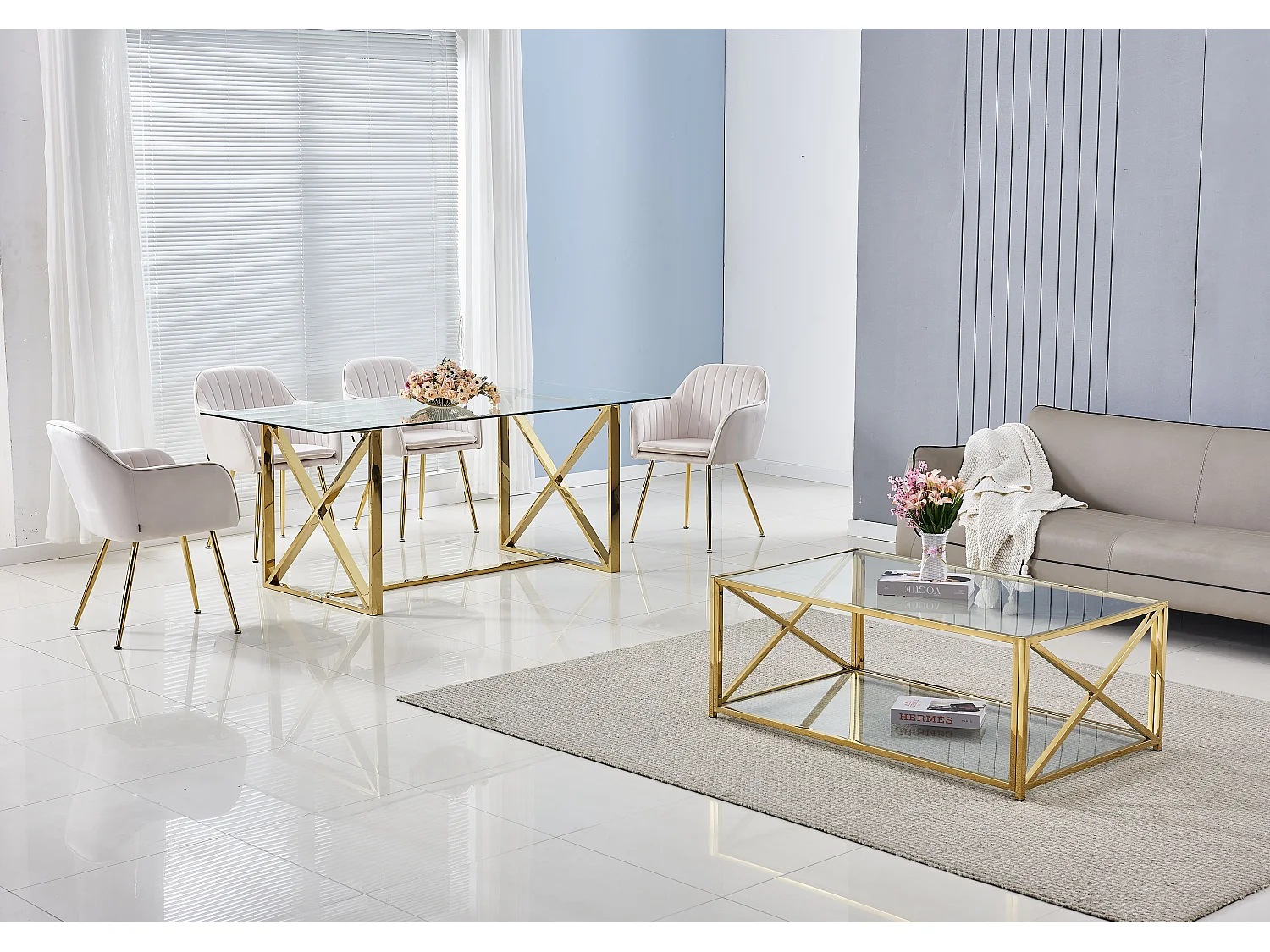 Table à manger verre transparent pied métal doré 180x90 cm KENSY