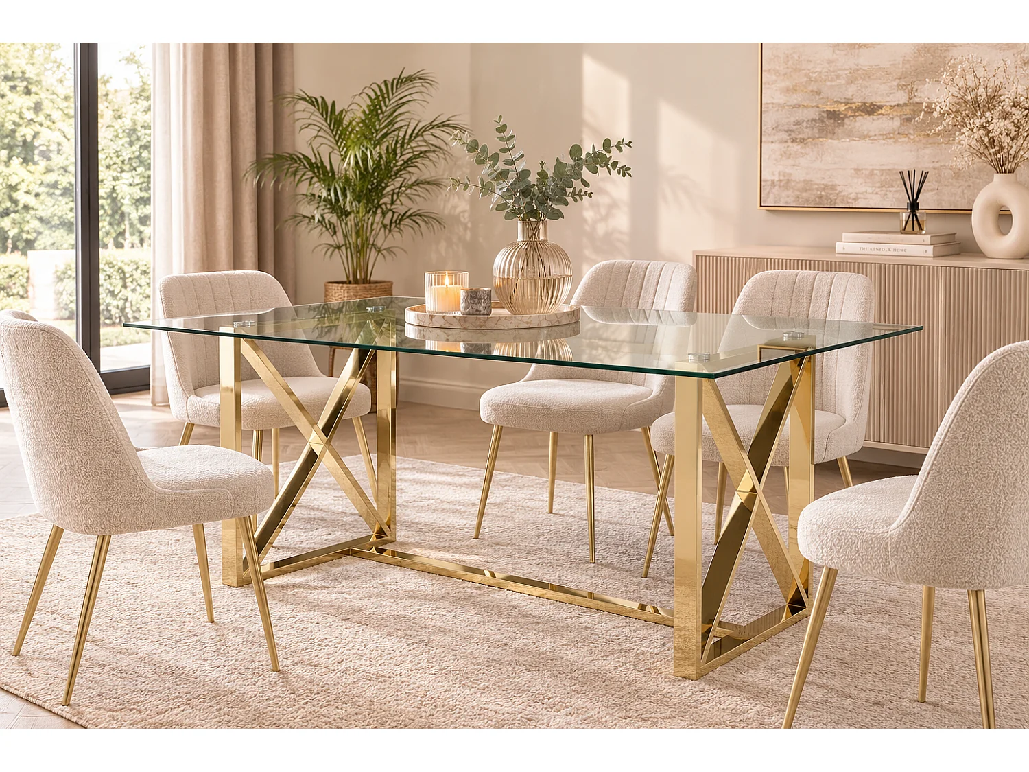 Table à manger verre transparent pied métal doré 180x90 cm KENSY
