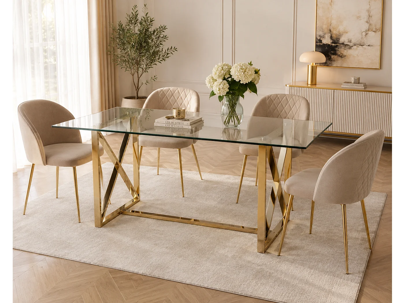 Table à manger verre transparent pied métal doré 180x90 cm KENSY