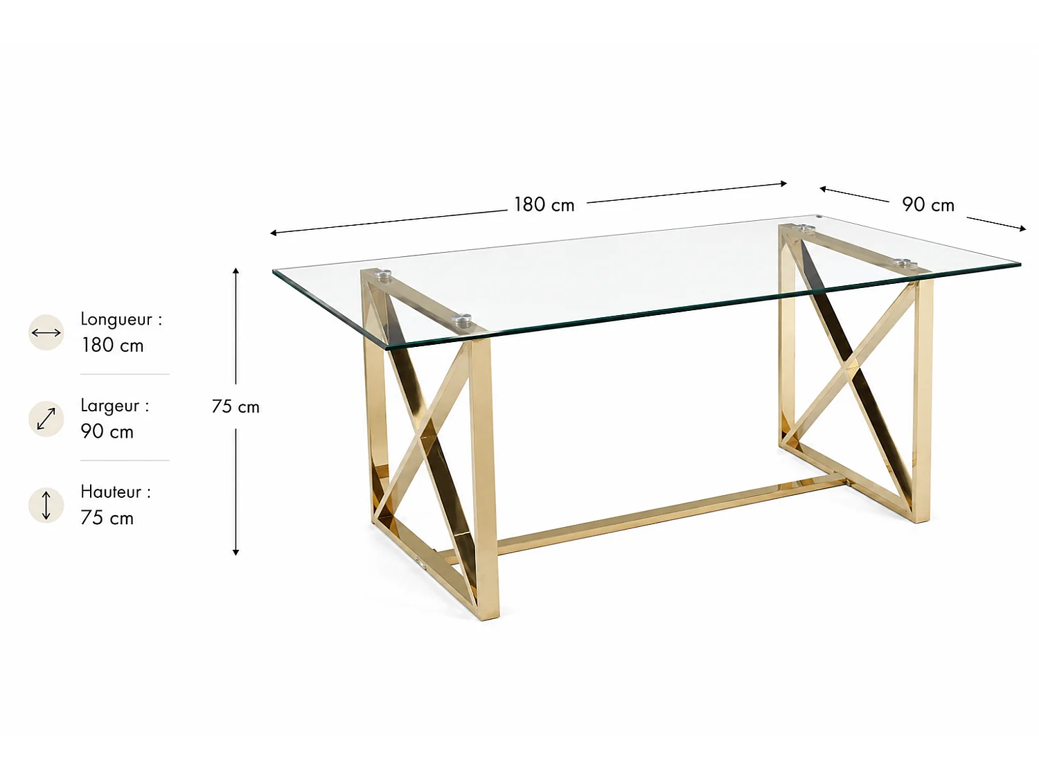 Table à manger verre transparent pied métal doré 180x90 cm KENSY