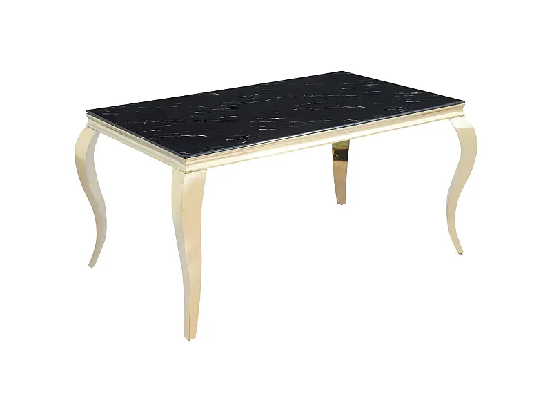 Table à manger BAROQUE 6 à 8 couverts 180x90 cm pieds gold plateau en verre effet marbré noir
