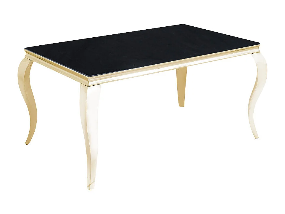 Table à manger BAROQUE 6 à 8 couverts 180x90 cm pieds gold plateau en verre effet marbré noir