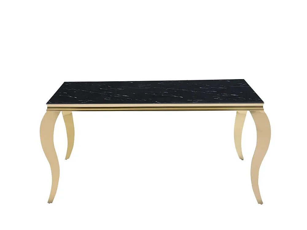 Table à manger BAROQUE 6 à 8 couverts 180x90 cm pieds gold plateau en verre effet marbré noir