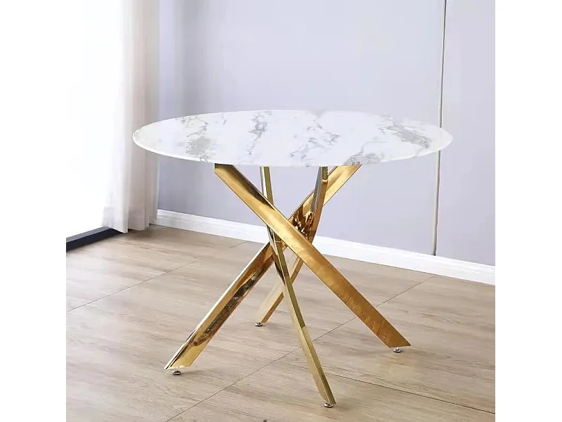 Table a manger ronde JESSICA Gold XXL 120 cm 4 couverts effet marbré blanc